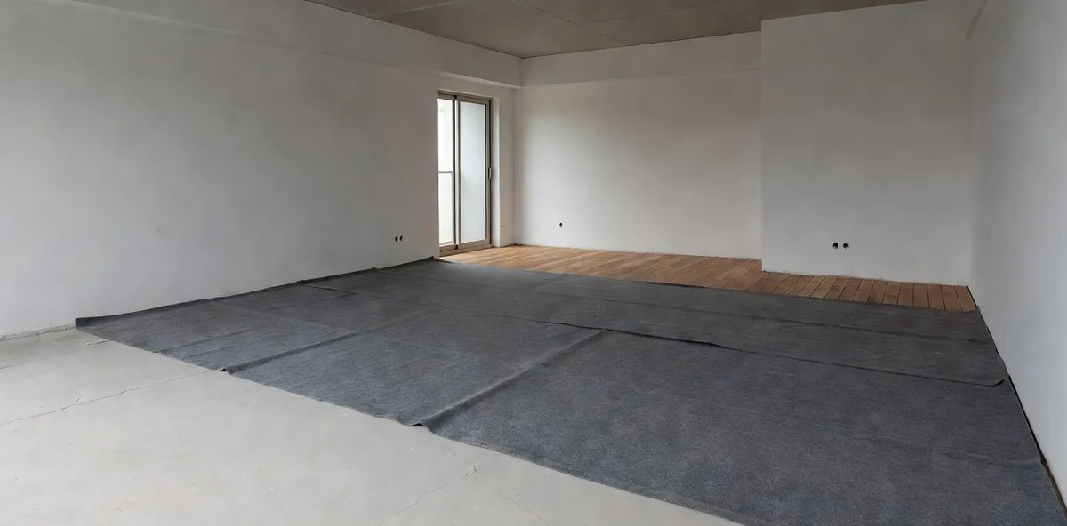 Grey acoustic underlay rolled out across an apartment slab, with the first rows of floorboards laid at one edge