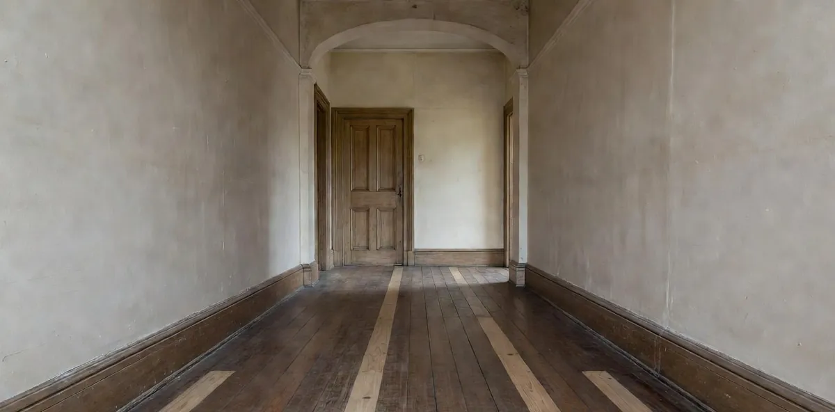 A terrace hallway where lighter new boards have been let into an older narrow-board floor